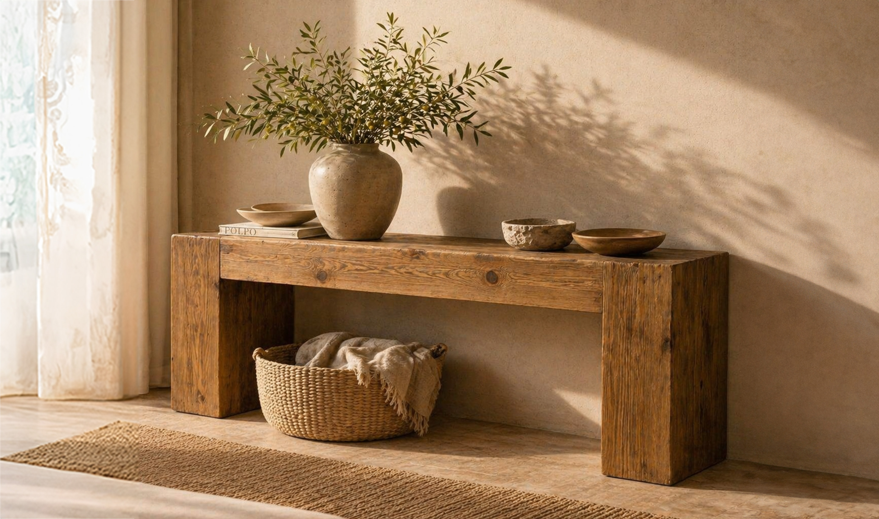 Solid wood console table with decorative vase, greenery, and woven basket in a warm minimalist interior.